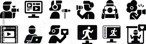 Video creator and influencer icons set featuring filming, streaming, vlogging, camera operator, online content, social media production and digital creator illustration vector.