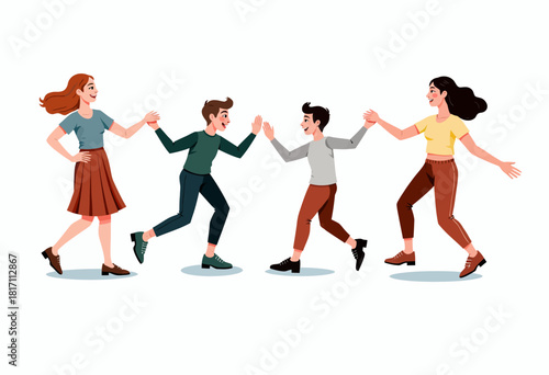 Illustration of two adults and two children joyfully playing a game of high-five while running in pairs, captured in a lively and energetic scene of motion and fun