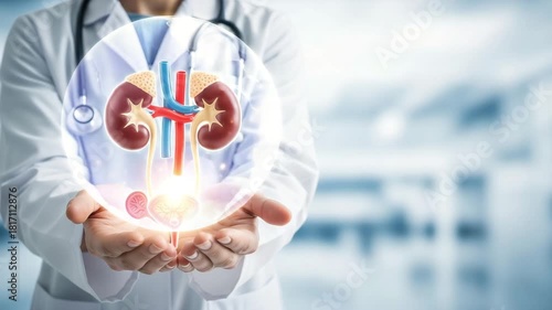 Doctor holding glowing human kidney model, urology health concept motion animated video.