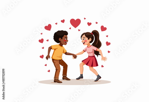 Joyful Cartoon Children Expressing Friendship and Happiness Surrounded by Heart Symbols Signifying Love and Affection in a Whimsical Illustration