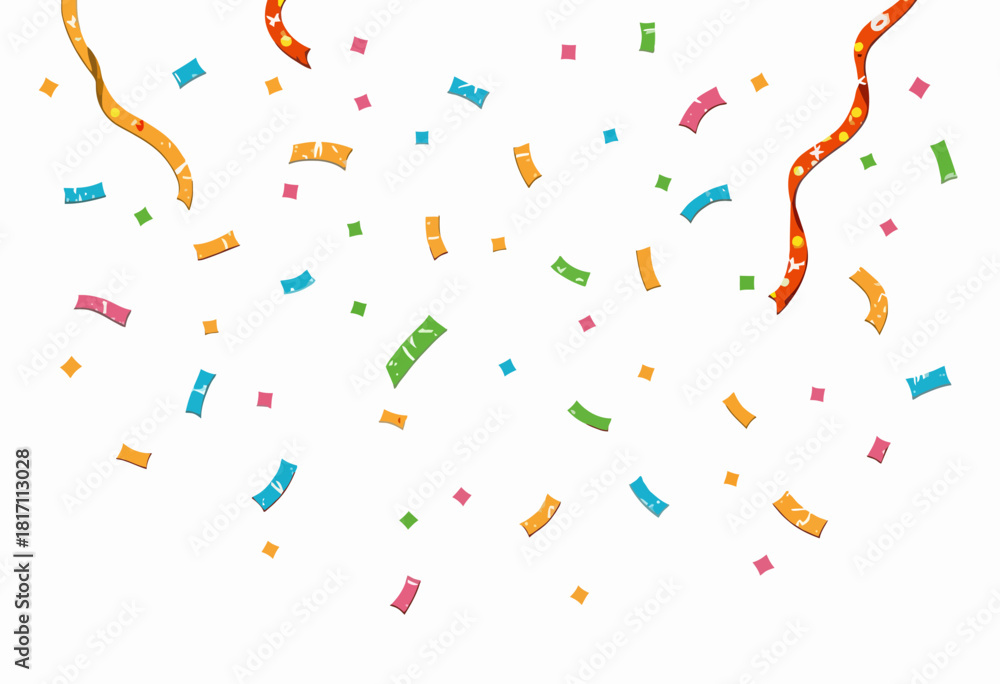 Fototapeta premium A Vibrant Celebration of Colorful Falling Confetti and Curled Ribbons on a White Background Capturing Joyful Festive Spirit