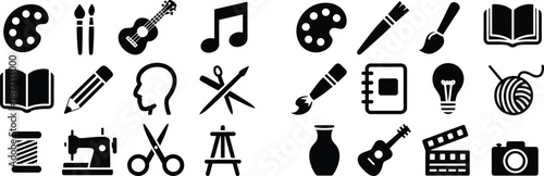 Black silhouette icon set representing arts music crafts and creativity hobbies including painting tools musical instruments sewing equipment books photography gear and design symbols.