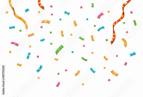 A Vibrant Celebration of Colorful Falling Confetti and Curled Ribbons on a White Background Capturing Joyful Festive Spirit
