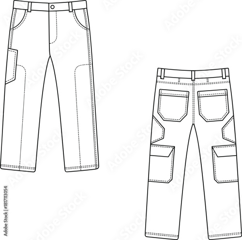 Cargo pants technical flat sketch showing detailed front and back views with pockets and stitching lines, modern utility trousers design, CAD drawing vector illustration