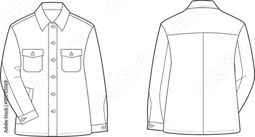 Button-up utility shirt jacket technical flat sketch showing front and back views with pockets, collar, seams, cuffs and stitching details, CAD vector illustration