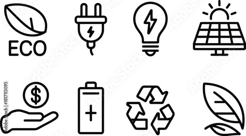 Collection of eight black line icons representing ecology green energy solar power recycling battery sustainability saving money and environmental protection symbols for graphic design.