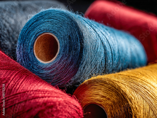 Colorful spools of textured thread in vibrant red, blue, yellow, and black arranged closely together highlighting fiber details and weaving materials