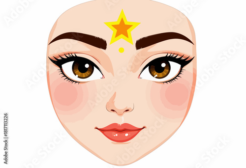 Illustration of a Female Face with a Star Symbol on Forehead and Expressive Eyes on a Neutral Background