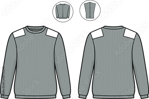 Detailed technical illustration of a ribbed knit military style sweater with shoulder patches, front and back views, garment flat drawing for apparel design.