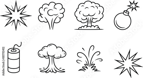 Explosion and blast icons set featuring smoke clouds, bomb illustrations, burst effects, detonations, shockwaves, dynamite and comic-style explosion vector graphics.