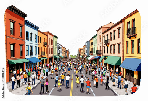 Diverse Crowd Gathered on a Vibrant Urban Street for a Community Event on a Bright Day, Surrounded by Colorful Historic Buildings and Smiling Faces