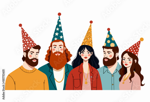 Five People Celebrating with Party Hats and Colorful Clothing in a Festive Gathering Illustration