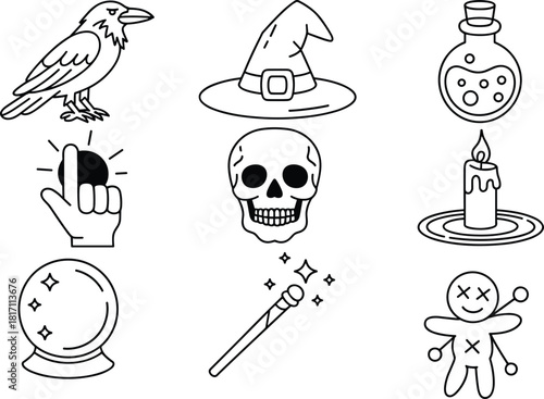 icons featuring witch hat skull raven magic potion wand crystal ball and voodoo doll for Halloween decoration and scary design projects.