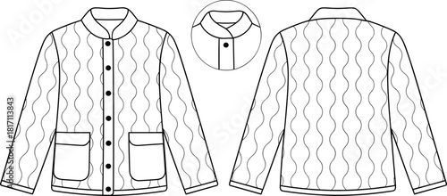 Quilted jacket technical flat sketch showing front and back views with collar detail, stitching pattern, pockets and buttons, modern outerwear CAD vector illustration