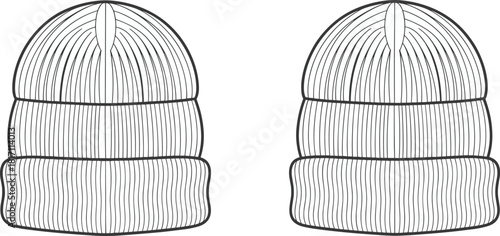 Technical fashion drawing of knitted beanie hat, vector illustration includes ribbed cap front view, winter accessory flat sketch template, headwear clothing design mockup, unisex