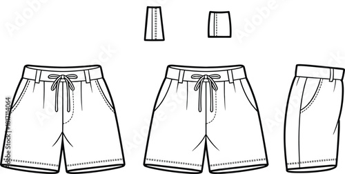 Technical fashion drawing of men shorts, vector illustration includes drawstring pants front side view, sport apparel flat sketch template, summer clothing design mockup, casual street wear