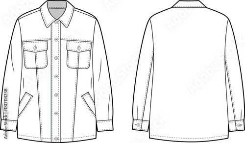 Utility overshirt jacket technical flat sketch showing front and back views with buttoned pockets, cuffs, seams and stitching details, apparel design CAD vector illustration