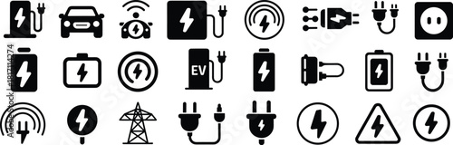 Vector collection of black icons representing electric vehicle charging stations car batteries plugs sockets and high voltage symbols for clean transportation energy design projects.