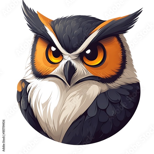 Expressive Owl Face with Large Orange Eyes and Dark Plumage bird raptor photo