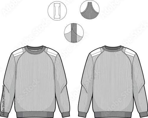 Vector technical sketch of men knitted sweater with raglan sleeves and ribbed texture front and back view fashion flat illustration for apparel design clothing templates.