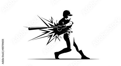Baseball player hitting a ball with a bat in a dynamic black and white illustration.