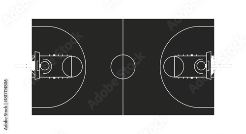 Overhead view of a basketball court with detailed lines, hoops, and center circle.