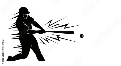 Stylized silhouette of a baseball player swinging a bat and hitting a ball with dynamic motion lines.