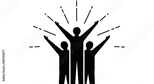 Black and white illustration of three people with arms raised, celebrating success and unity.