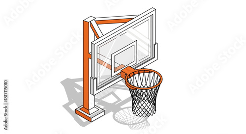 Isometric view of a basketball hoop with a clear backboard and orange accents.