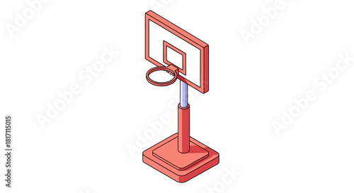 Isometric illustration of a basketball hoop with a red backboard, rim, and base, standing on a white background.