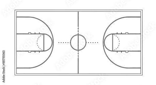 Top-down view of a black and white basketball court layout diagram.