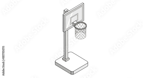 A simple, clean isometric line drawing of a portable basketball hoop with a net and backboard.