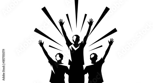 Three silhouetted people with arms raised in triumph and celebration, with radiating lines symbolizing excitement and success.