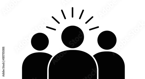 Illustration of three people, one with radiating lines above their head, symbolizing an idea.