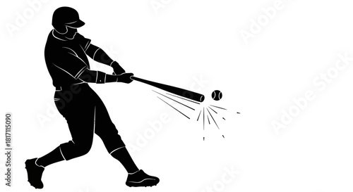 Silhouette of a baseball player hitting a ball with a bat in action.