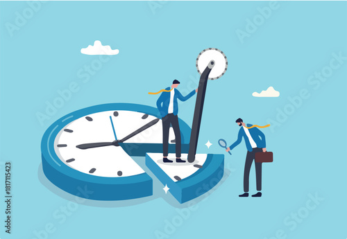 Time or attendance tracking system, analyze work efficiency in project management, productivity, workflow or effort, time spending to finish task concept, businessman cut clock in piece to analyze.