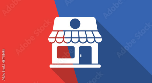 White flat icon of a storefront or shop with an awning representing small business retail and commerce on a split color background.