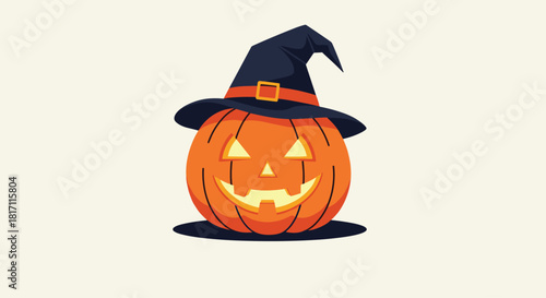Cartoon illustration of a glowing Halloween jack-o-lantern wearing a pointy black witch hat for a spooky and festive autumn celebration.