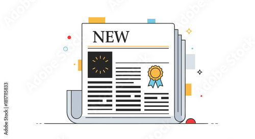 Modern line art illustration of a folded newspaper with the headline NEW featuring a quality seal for breaking news and announcements.