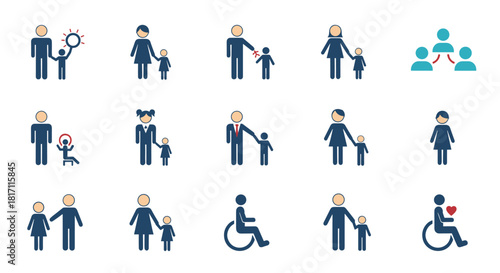 Collection of flat pictograms and icons representing diverse family structures parents and children and people with disabilities.