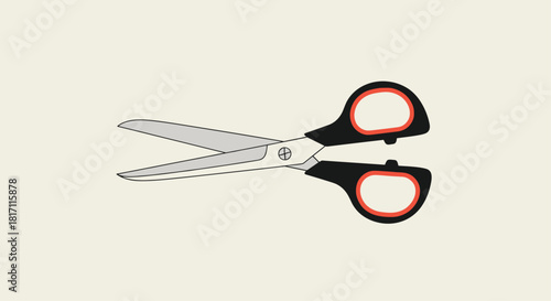 Simple vector illustration of a standard pair of scissors with black and red handles partially open on a plain light-colored background.