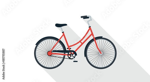 Red city bicycle illustration in a flat design style with a prominent long shadow creating a modern and clean look on white.
