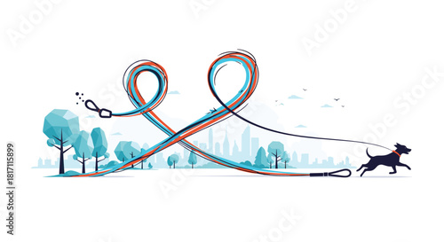 Stylized illustration of a dog running free in a park with its long leash creating artistic loops against a distant city skyline.