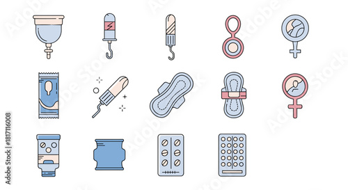 Collection of pastel-colored line art icons representing various feminine hygiene and menstrual cycle products like pads and tampons.