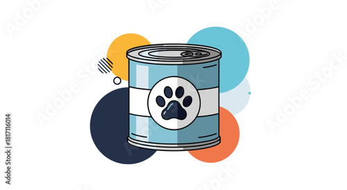 Modern illustration of a can of wet pet food with a paw print logo on the label against a background of colorful abstract circles.