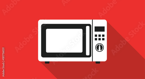 Simple white icon of a modern microwave oven with a digital display in a flat design style with a long shadow on a red background.