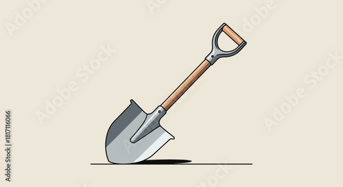 Detailed cartoon illustration of a garden shovel with a wooden handle and D-grip standing upright in the ground on a plain background.