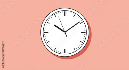 Minimalist illustration of a classic round analog wall clock showing the time with a slight shadow on a solid pink background.