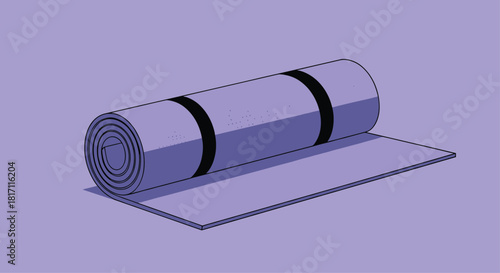 Illustration of a purple exercise mat partially unrolled ready for a yoga pilates or fitness workout on a solid color background.
