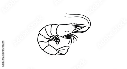 Simple black and white line art illustration of a shrimp or prawn for a seafood restaurant menu or logo on a white background.